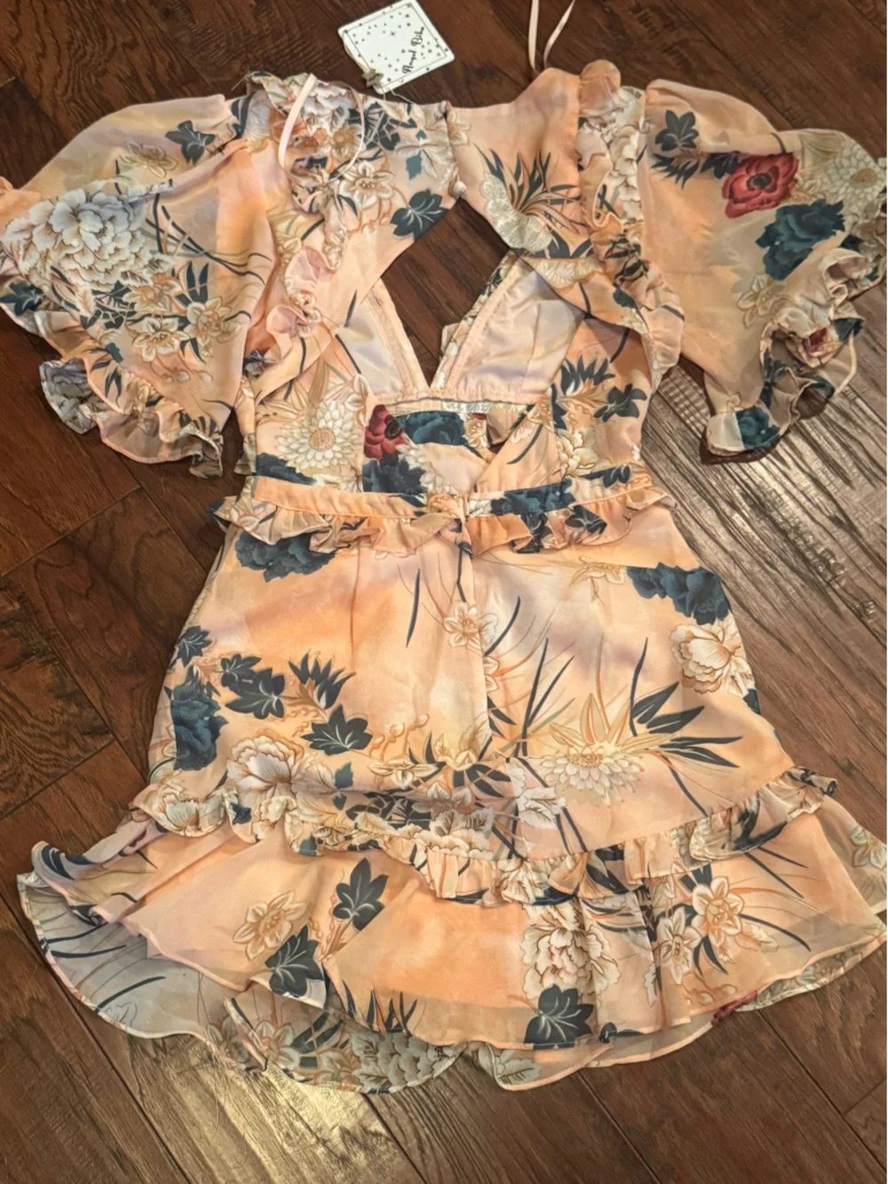 Angel Biba Peach Floral Ruffle Dress with Blue & Cream Accents - Picture 4 of 6